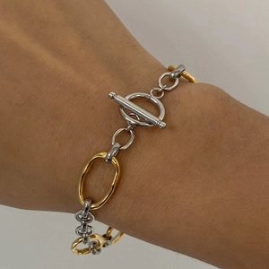 Minimalist two-tone stainless steel chain bracelet with modern OT buckle and textured links
