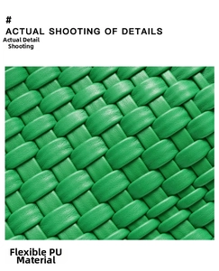 Close-up of bright green hand-woven PU leather texture with intricate stitch details