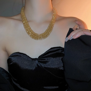 Statement Choker Necklace Gold Color Alloy Large Spring Textured Exaggerated Vintage Style Fashion Jewelry For Women