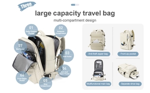 Detailed functional layout of the travel backpack showing laptop compartment and shoe pocket