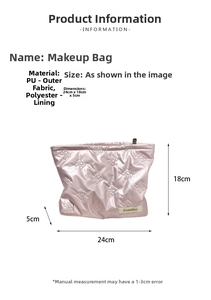 Detailed size specifications for the quilted heart PU makeup bag showing dimensions