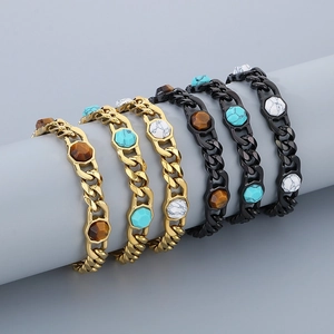 Gold and black stainless steel Cuban link bracelets with hexagonal turquoise stone inlays