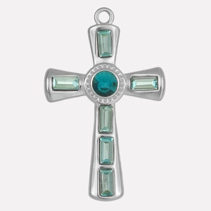 Detailed macro view of 304 stainless steel cross pendant with light teal glass crystals