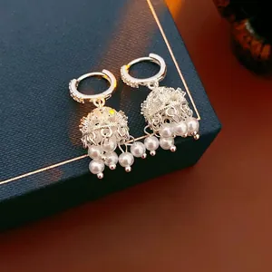 Luxury pearl tassel earrings with zircon hollow crown and silver clip for women