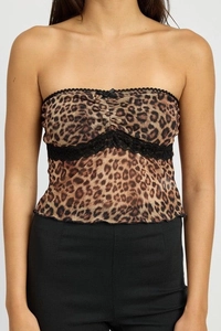 Detail view of leopard print tube top featuring black lace trim and small center bow