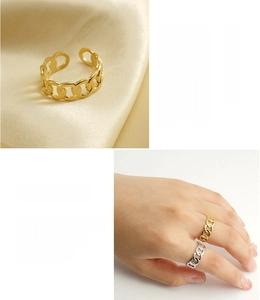 Detail of 18K gold plated chain style ring showing texture and model wearing view