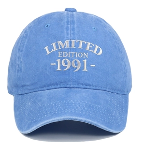 Macro detail of white Limited Edition 1991 embroidery on washed blue cotton baseball cap