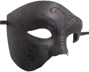 Dettaglio della maschera veneziana a metà viso con glitter e nastri di fissaggio