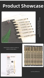 Detail of 12 waterproof fineliner drawing pens with needle tips ranging from 0.05 to 1.0mm