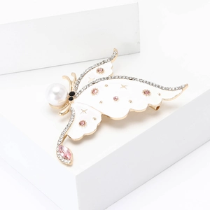 Exquisite gold butterfly brooch with white enamel, pearls and sparkling crystals