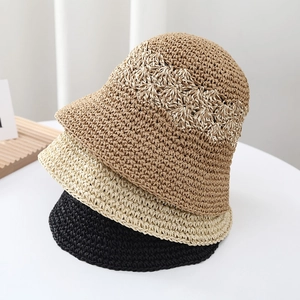 Handmade woven hollow bucket hat in khaki, beige and black colors for women
