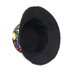 Detail view of graffiti bucket hat with colorful geometric patterns and black inner lining