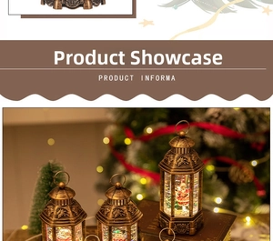 Close-up of vintage bronze Christmas lantern with Santa, snowmen and glowing sparkles