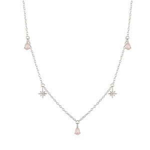 Elegant S925 sterling silver necklace with pink teardrop gems and sparkling star charms