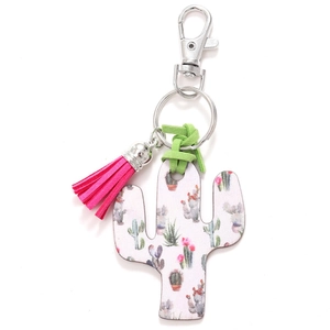 Cactus wooden keychain with vibrant desert patterns, pink tassel, and green suede cord