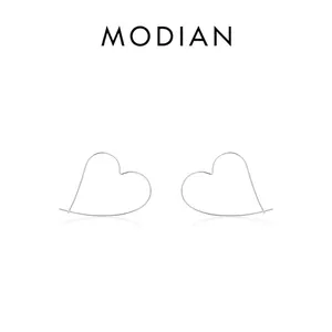 Minimalist S925 sterling silver heart-shaped wire hoop earrings on a white background