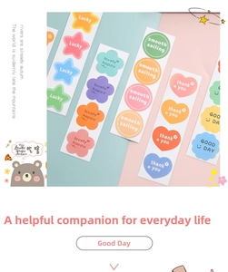 Detail of candy-colored waterproof stickers with floral and star shapes for gift sealing