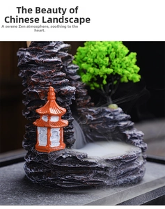 Detailed close-up of a resin backflow incense burner with mountain landscape and orange pavilion