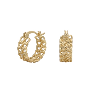 Close-up of golden geometric woven hoop earrings showing intricate hollow design