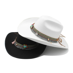 Retro Bohemian felt fedora hats in black and white with turquoise ethnic bead bands