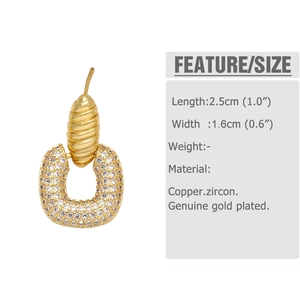 Detail showing copper gold plated U-shaped earring with full zircon stone setting