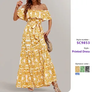 Off Shoulder Maxi Dress Polyester Floral Print Ruffle Hem Bohemian Vacation Summer Fashion For Women