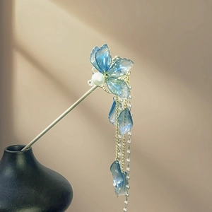 Blue Flower Hair Stick With Artificial Pearl Tassel Retro Chinese Style Alloy Hairpin Elegant Ancient Hair Accessories For Women