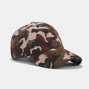 Detailed view of the jungle camouflage corduroy texture on this classic baseball cap