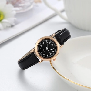 Minimalist black leather quartz watch for women with rose gold case and Arabic numerals