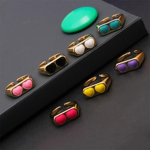 Twin Heart Enamel Open Ring 18K Gold Plated Copper Adjustable Colorful Trendy Dainty Jewelry Gift Women Girls