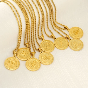 Zodiac Signs Necklace 18K Gold Plated Stainless Steel Round Medallion Pendant Rope Chain Fashion Jewelry For Women