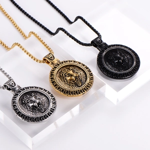 Vintage Viking lion pendant necklace set in silver, gold and black finish with box chain