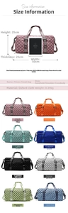 Detailed view of large travel bag dimensions with height width and multiple colors