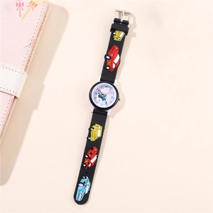 Cartoon kids quartz watch with black silicone strap and 3D colorful car motifs
