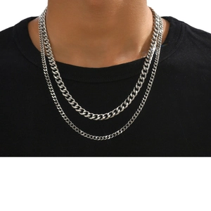 Men's double layered silver stainless steel twist chain necklace with layered look