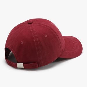 Maroon cotton baseball cap with 3D embroidery and adjustable strap in back view