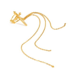 Gold stainless steel ear cuff with zircon sword charm and long wavy chain tassel