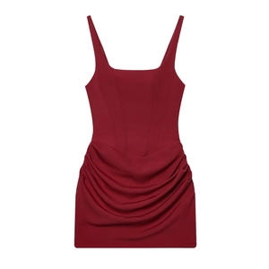 Deep red bodycon mini dress with corset stitching and side ruching on a white background