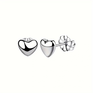 Polished silver heart stud earrings with butterfly back on white background view