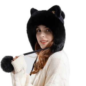 Winter faux fur black cat ear hat with plush pom-poms and warm ear flaps for women