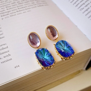 Retro Geometric Dangle Earrings Copper Synthetic Gemstone Rhinestone With Silver Earring Post French Vintage For Women