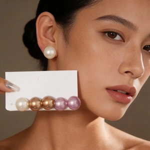 Geometric Round Large Imitation Artificial Pearl Earrings Studs With Silver Earring Post Retro Elegant Style For Women