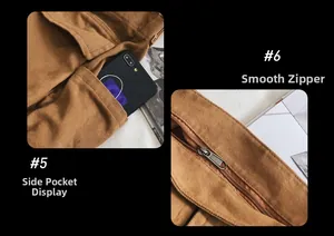 Detail view of canvas crossbody bag showing functional side pocket and smooth zipper closure