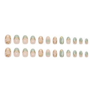 Nude pink and green cat-eye press-on nails set with golden floral patterns and glitter