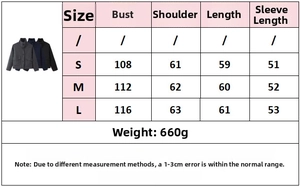 Size chart for mock neck buttoned jacket showing bust, shoulder, and sleeve measurements