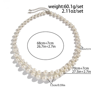 Detail of double-layer faux pearl necklace with dimensions and lobster clasp info