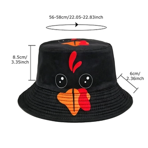 Unisex black bucket hat with cartoon turkey embroidery and outdoor sun protection