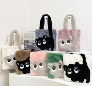 Multiple colorful cat themed plush tote bags showing soft texture and cute 3D cat faces