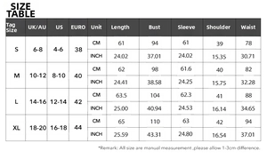 Detailed size guide for Y2K long sleeve button top including US, UK, and EURO measurements