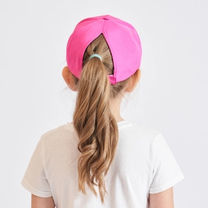 Pink ponytail baseball cap for kids with functional rear opening and adjustable strap